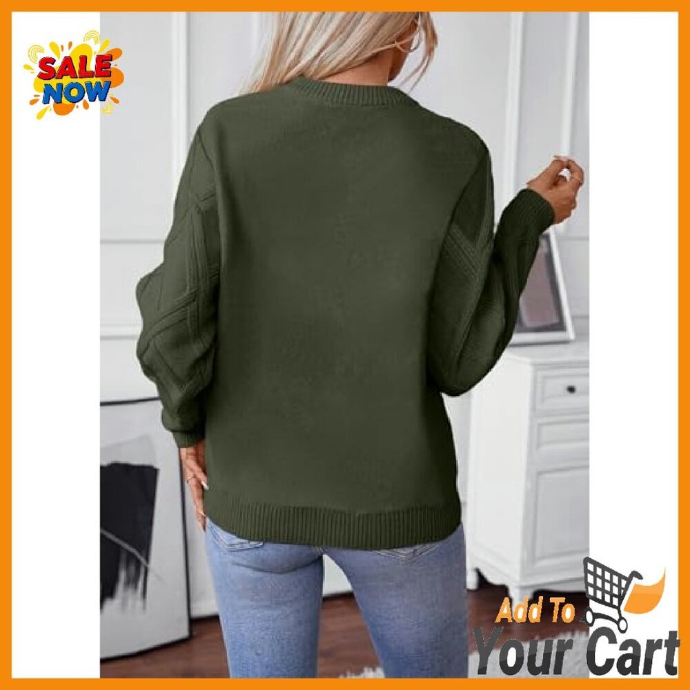 Cable Knit Crewneck Sweater, Viscose Blend, Fall Winter Tops - Picture 7 of 7